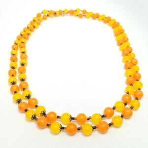 Vintage Long Orange Yellow Plastic Beaded Necklace, Single Strand, 60s Style